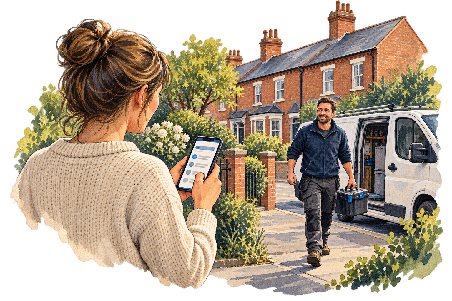Illustration of a customer using a phone to find a plumber on a British residential street.